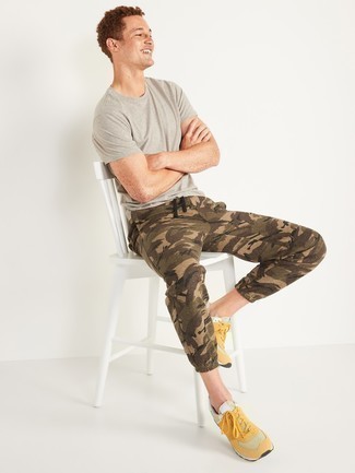 Men's Mustard Athletic Shoes, Brown Camouflage Sweatpants, Grey Crew-neck T-shirt