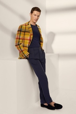 Mustard Plaid Blazer Outfits For Men: This combination of a mustard plaid blazer and navy dress pants is a lifesaver when you need to look truly classy. A pair of black velvet loafers will be a welcome companion for this ensemble.