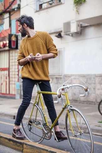 Men's Mustard Cable Sweater, Black Skinny Jeans, Dark Brown Leather Desert Boots