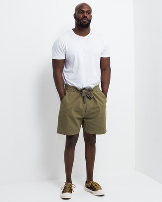 Men's Mustard Canvas Low Top Sneakers, Olive Shorts, White Crew-neck T-shirt