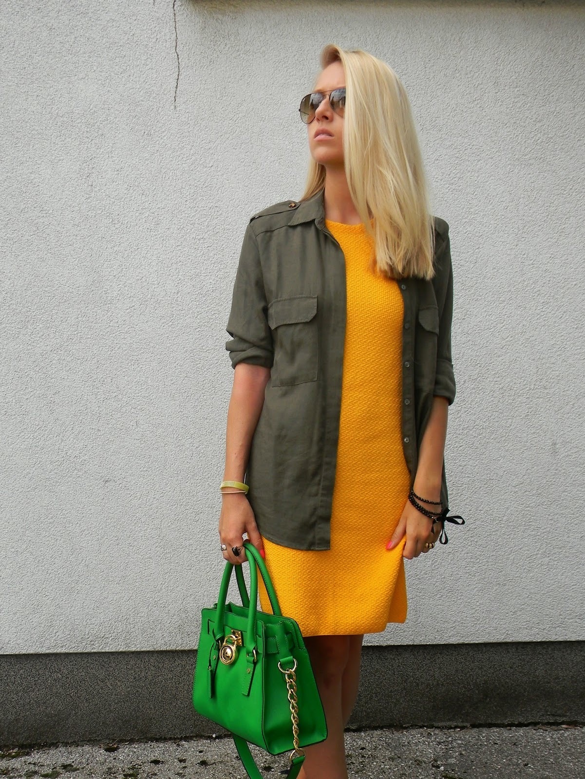 Women's Mustard Casual Dress, Dark Green Button Down Blouse, Green Leather  Tote Bag, Brown Sunglasses | Lookastic