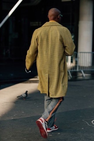 Men's Mustard Check Overcoat, Grey Plaid Dress Pants, Red and White Low Top Sneakers