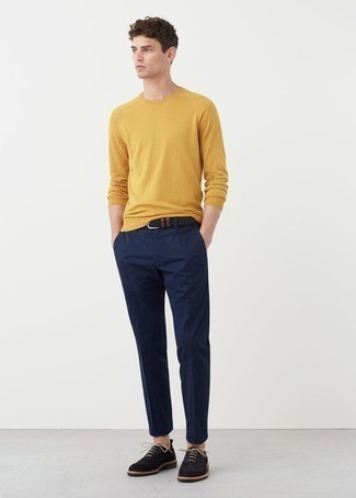 Men's Mustard Crew-neck Sweater, Navy Chinos, Navy Suede Oxford Shoes, Navy Suede Belt