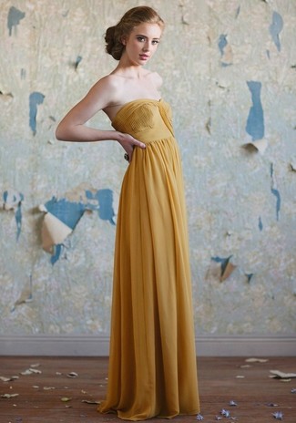 Mustard Evening Dress Outfits: Go for a mustard evening dress - this look will certainly make a fashion statement.