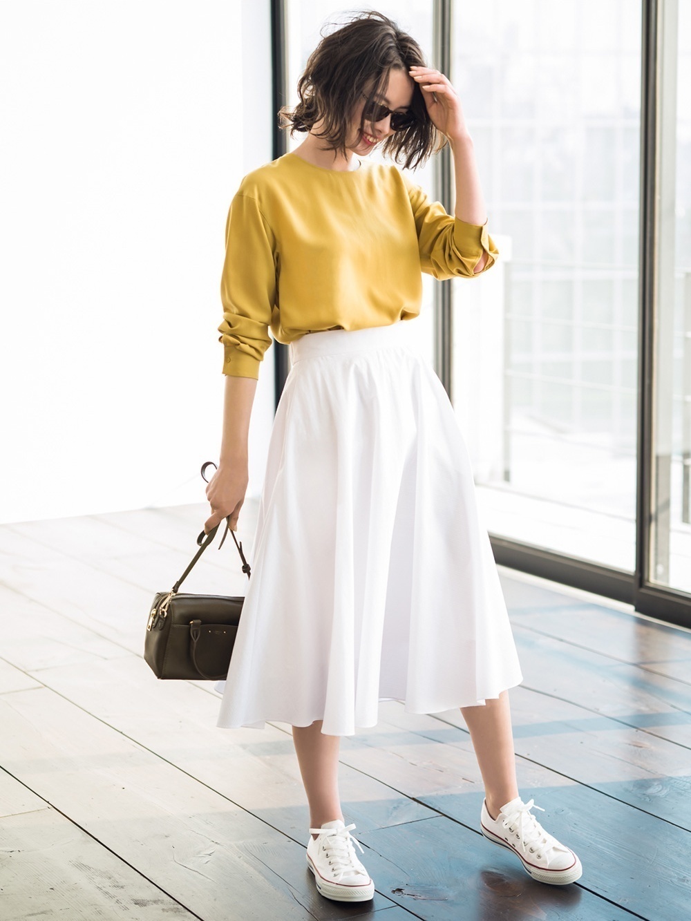 Women's Mustard Long Sleeve Blouse, White Pleated Midi Skirt