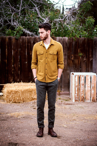 Mustard Long Sleeve Shirt Outfits For Men: No doubt, you'll look smooth and dapper in a mustard long sleeve shirt and charcoal wool dress pants. To give your overall getup a more laid-back touch, why not complete your ensemble with burgundy leather desert boots?