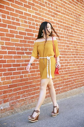 Brown Leather Wedge Sandals Outfits: Opt for a mustard off shoulder dress to assemble a casual yet stylish ensemble. Finishing off with brown leather wedge sandals is a fail-safe way to inject a dash of class into your ensemble.