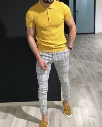 Mustard Polo Outfits For Men: A mustard polo and grey plaid chinos are the kind of a fail-safe off-duty getup that you so desperately need when you have zero time to spare. Complement your look with a pair of tan fringe suede loafers to make the look slightly more elegant.