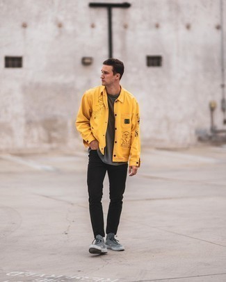 Mustard Shirt Jacket Outfits For Men: This casual pairing of a mustard shirt jacket and black jeans is a goofproof option when you need to look great in a flash. A pair of grey canvas high top sneakers easily bumps up the fashion factor of this look.