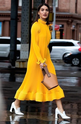Mustard Knit Wool Midi Dress Outfits: A mustard knit wool midi dress will allow you to demonstrate your style-savvy side. A pair of white leather pumps instantly bumps up the fashion factor of any outfit.