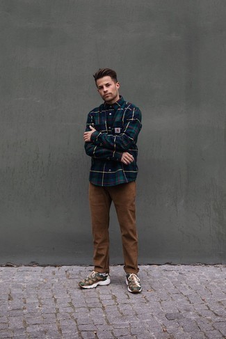 Men's Navy and Green Plaid Flannel Long Sleeve Shirt, Brown Chinos, Brown Athletic Shoes, White Socks