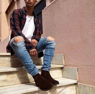 Men's Navy and Red Plaid Long Sleeve Shirt, White Crew-neck T-shirt, Blue Ripped Skinny Jeans, Dark Brown Suede Chelsea Boots