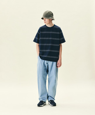 Men's Grey Bucket Hat, Navy and White Athletic Shoes, Light Blue Jeans, Navy and White Horizontal Striped Crew-neck T-shirt