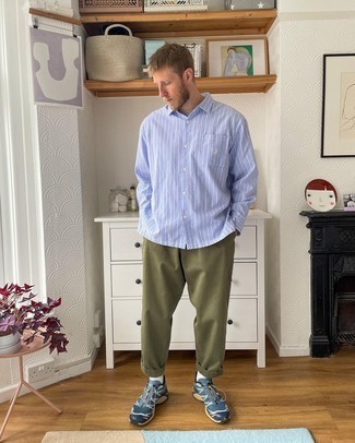 Men's White Socks, Navy and White Athletic Shoes, Olive Chinos, Light Blue Vertical Striped Long Sleeve Shirt