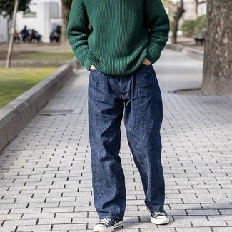 Teal Crew-neck Sweater Outfits For Men: 