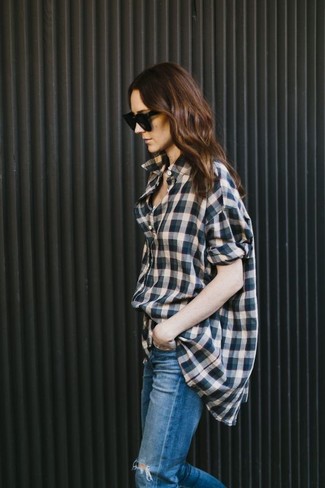 Navy and White Check Dress Shirt Outfits For Women: This casual combo of a navy and white check dress shirt and blue ripped jeans is a never-failing option when you need to look chic but have no extra time to dress up.