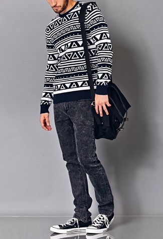 Black Canvas Messenger Bag Outfits: For an outfit that's very easy but can be flaunted in many different ways, choose a navy and white geometric crew-neck sweater and a black canvas messenger bag. Add navy and white low top sneakers to the equation to easily up the wow factor of any ensemble.