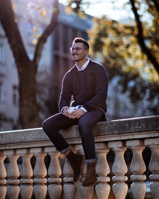 Brown Suede Dress Boots Outfits For Men: This pairing of a navy and white crew-neck sweater and navy jeans is hard proof that a pared down off-duty ensemble doesn't have to be boring. Feeling bold? Mix things up a bit by finishing off with a pair of brown suede dress boots.