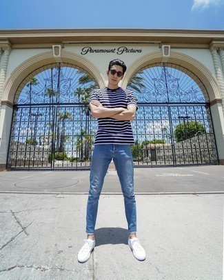 Men's Navy and White Horizontal Striped Crew-neck T-shirt, Blue Jeans, White Canvas Low Top Sneakers, Dark Brown Sunglasses
