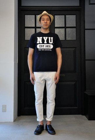 Navy Print Crew-neck T-shirt Outfits For Men: A navy print crew-neck t-shirt and white chinos are a nice outfit to keep in your casual repertoire. If you want to break out of the mold a little, make navy leather derby shoes your footwear choice.