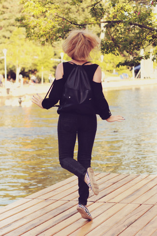 Women's Black Backpack, Navy and White Horizontal Striped Espadrilles, Black Skinny Jeans, Black Long Sleeve Blouse