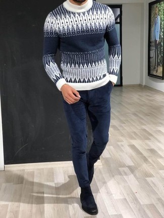 Navy Fair Isle Crew-neck Sweater Outfits For Men: Putting together a navy fair isle crew-neck sweater with navy corduroy chinos is a smart idea for a casually dapper getup. And if you want to instantly level up your look with one piece, why not add black suede chelsea boots to the equation?