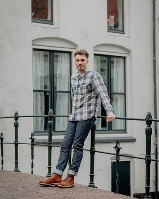 Brown Leather Casual Boots Outfits For Men: For an off-duty look with a fashionable spin, you can go for a navy and white plaid flannel long sleeve shirt and navy jeans. Our favorite of a multitude of ways to complement this outfit is brown leather casual boots.