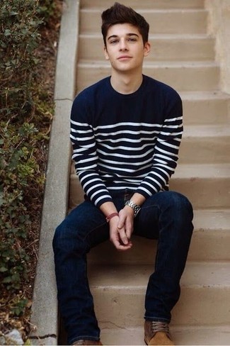 Navy Horizontal Striped Crew-neck Sweater Outfits For Men: A navy horizontal striped crew-neck sweater and navy jeans are a good combination worth having in your daily off-duty wardrobe. Take a classic approach with footwear and introduce tan suede casual boots to the equation.