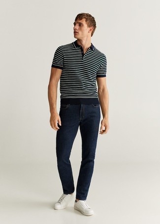 Navy and White Horizontal Striped Polo Outfits For Men: Putting together a navy and white horizontal striped polo with navy jeans is a good option for a casually dapper outfit. Add white canvas low top sneakers to the equation and the whole ensemble will come together.