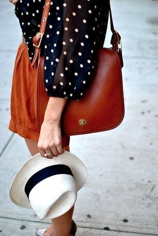 Women's Navy and White Polka Dot Long Sleeve Blouse, Tobacco Shorts, Tobacco Leather Crossbody Bag, White and Black Straw Hat