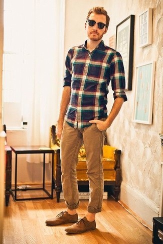Men's Navy and White Plaid Long Sleeve Shirt, Brown Chinos, Brown Leather Oxford Shoes, No Show Socks