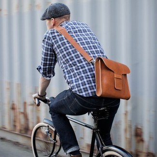 Men's Navy and White Plaid Long Sleeve Shirt, Charcoal Jeans, Brown Leather Messenger Bag, Charcoal Flat Cap