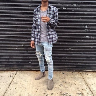 Light Blue Ripped Skinny Jeans Outfits For Men: Who said you can't make a stylish statement with an urban outfit? Turn every head around in a navy and white plaid long sleeve shirt and light blue ripped skinny jeans. Why not add tan suede chelsea boots to your ensemble for an extra dose of refinement?