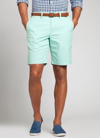 Navy Canvas Espadrilles Outfits For Men: Hard proof that a navy and white gingham long sleeve shirt and mint shorts are awesome when married together in a relaxed casual getup. A pair of navy canvas espadrilles serves as the glue that pulls this look together.