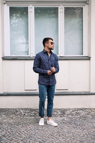 Men's Navy and White Print Long Sleeve Shirt, Navy Chinos, White Canvas Low Top Sneakers, Dark Brown Sunglasses