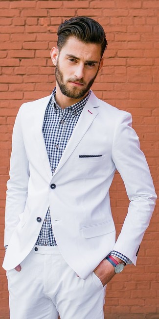 White and Red Gingham Dress Shirt Outfits For Men: 