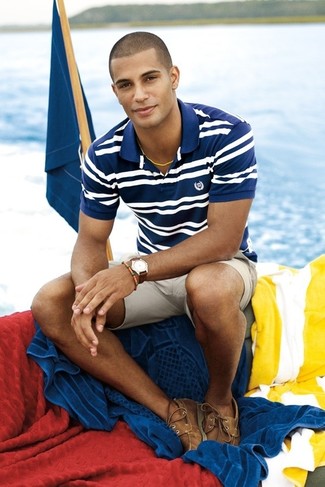 Navy Horizontal Striped Polo Outfits For Men: For an off-duty look, consider teaming a navy horizontal striped polo with beige shorts — these pieces go really well together. Finishing off with a pair of brown leather boat shoes is a fail-safe way to breathe a touch of polish into your outfit.