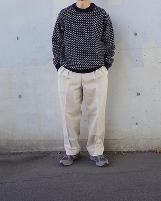 Men's Navy and White Print Crew-neck Sweater, Beige Chinos, Grey Athletic Shoes