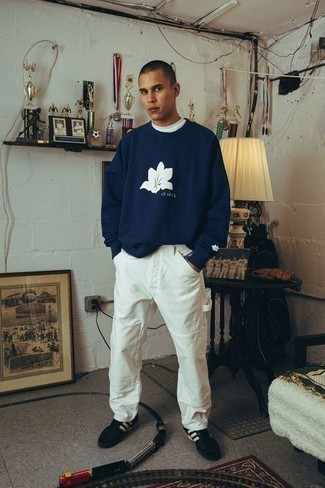 Men's Navy and White Print Sweatshirt, White Crew-neck T-shirt, White Chinos, Black and White Leather Low Top Sneakers