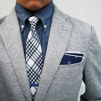 Men's Navy and White Print Pocket Square, Navy and White Plaid Tie, Blue Denim Shirt, Grey Wool Blazer