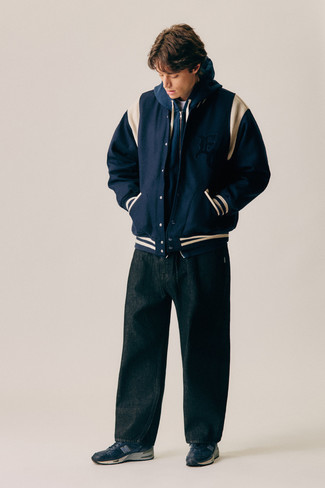 Men's Navy and White Varsity Jacket, Navy Hoodie, Black Jeans, Navy and White Athletic Shoes
