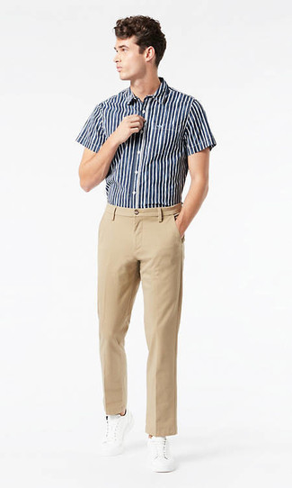 Men's Navy and White Vertical Striped Short Sleeve Shirt, Khaki Chinos, White Canvas Low Top Sneakers