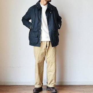 Navy Barn Jacket Outfits: Consider wearing a navy barn jacket and khaki chinos for a cool and casual and fashionable ensemble. For a more polished vibe, why not add dark brown leather casual boots to the mix?