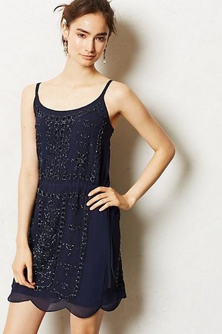 Make a navy beaded cami dress your outfit choice to create an absolutely stylish and current casual outfit.