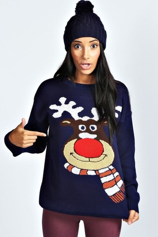 Navy Christmas Crew-neck Sweater Fall Outfits For Women: 