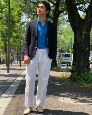 Tan Leather Loafers Outfits For Men: You're looking at the solid proof that a navy blazer and white chinos look awesome when worn together. And if you need to effortlessly level up your outfit with footwear, why not throw in tan leather loafers?