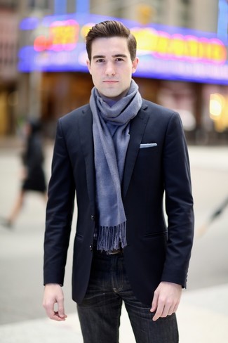 Light Blue Scarf Outfits For Men: For a look that's very simple but can be manipulated in a ton of different ways, go for a navy blazer and a light blue scarf.