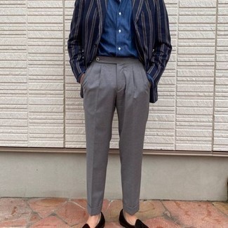 Blue Vertical Striped Blazer Outfits For Men: This sophisticated combination of a blue vertical striped blazer and grey dress pants is a frequent choice among the dapper guys. If not sure about what to wear in the shoe department, stick to black velvet loafers.