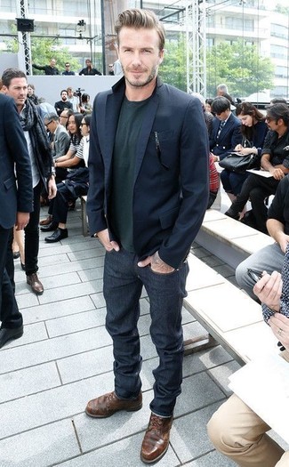 David Beckham wearing Navy Blazer, Dark Green Crew-neck Sweater, Navy Jeans, Dark Brown Leather Casual Boots