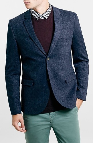 This smart combination of a navy wool blazer and teal chinos takes on different moods depending on how it's styled.